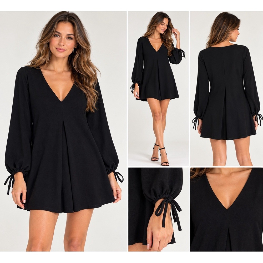ASOS Design Women's Sweater Mini Dress V Neck Tie Bow Cuff Pleated Long Sleeve
